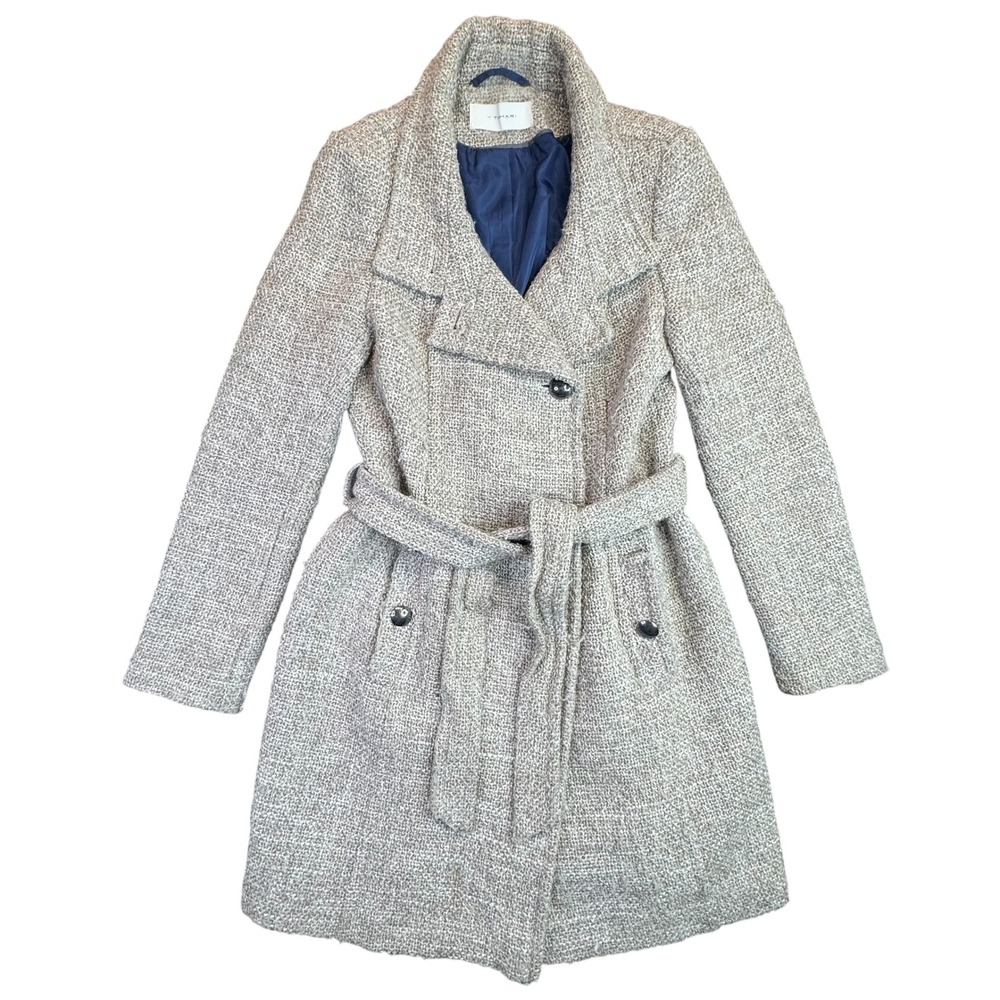 T‎ Tahari Izzy Wool Tweed Belted Military Coat Women 12 Beige Double Breasted